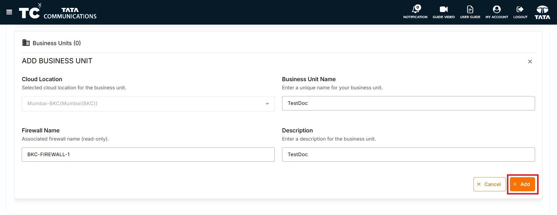 Add Business Unit form