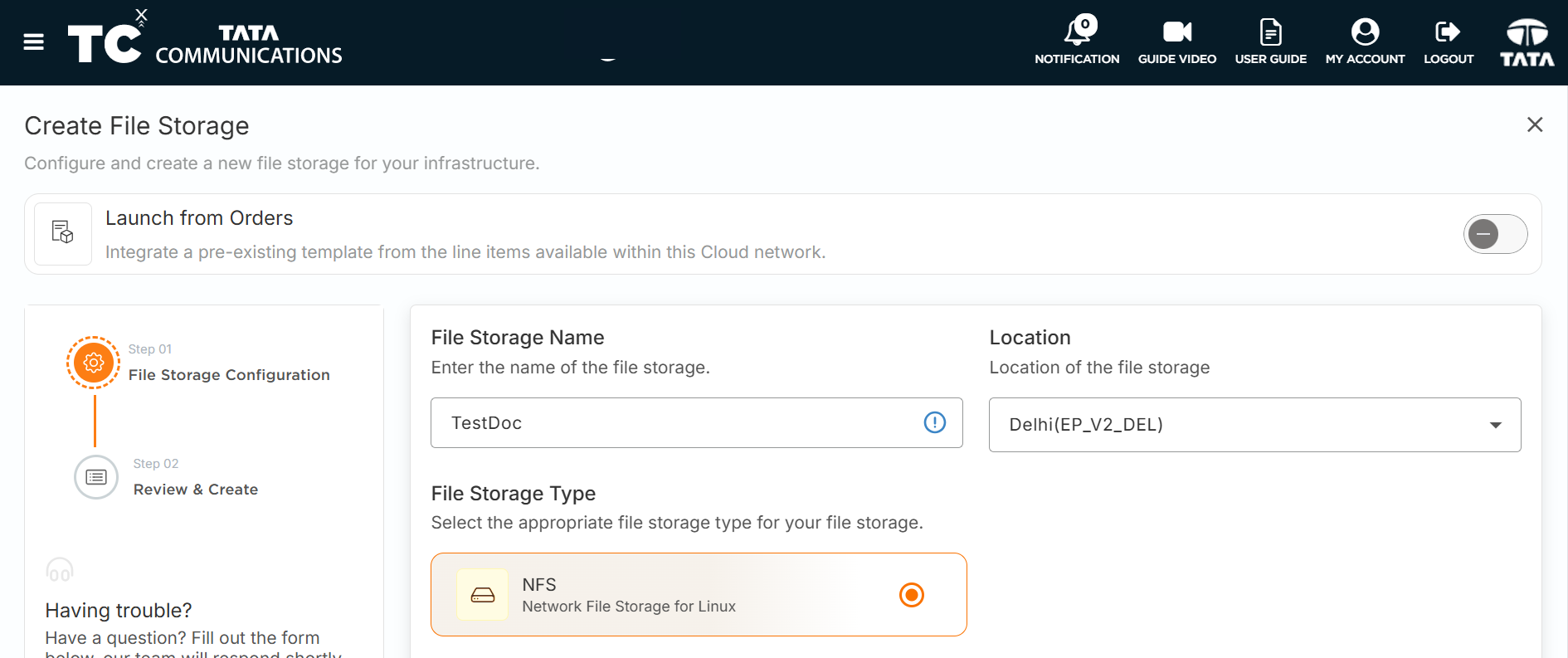 Create File Storage form