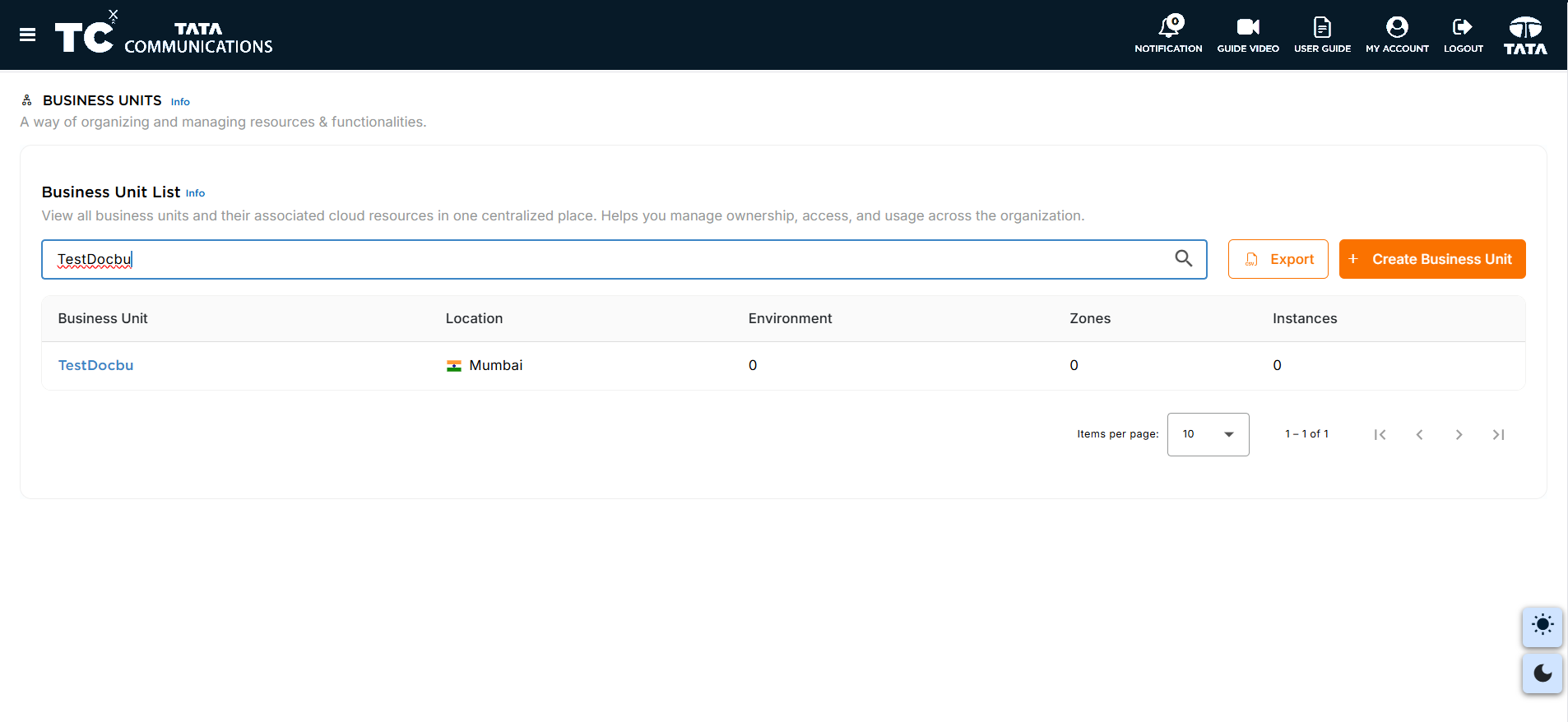 New Business Unit is added to the Business Unit Page