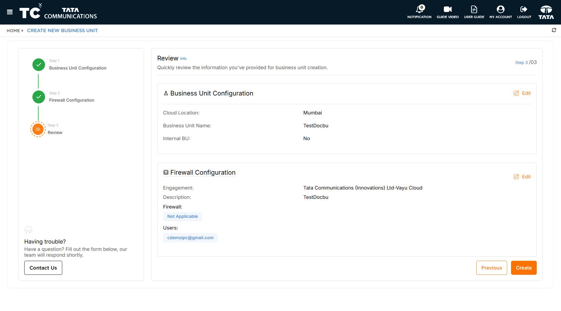 Create Business Unit form