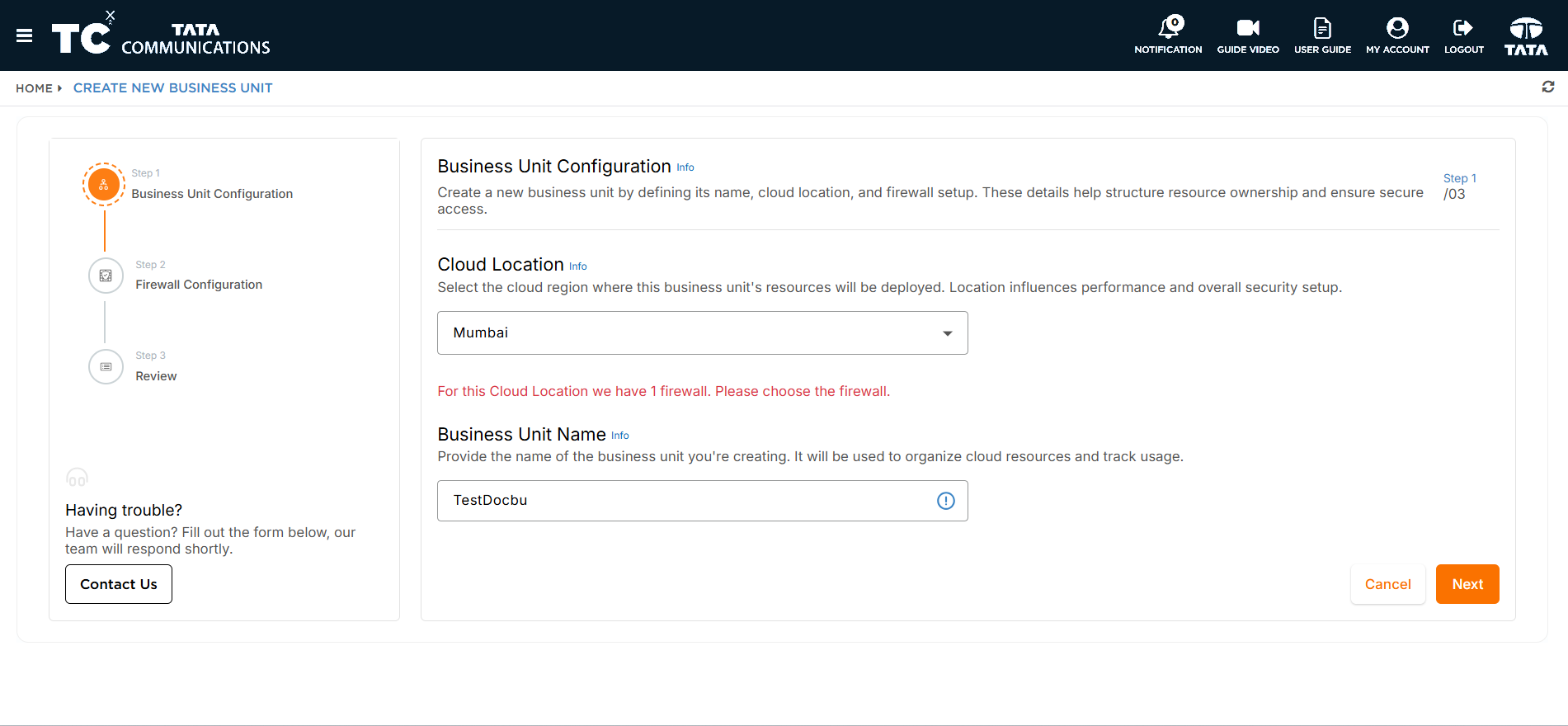 Create Business Unit form