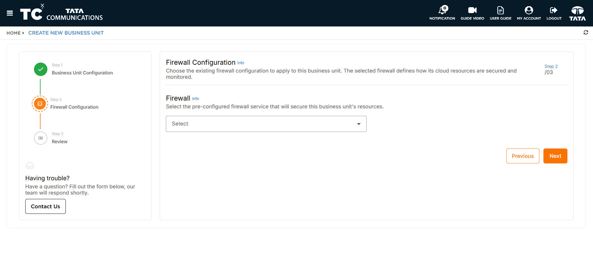 Create Business Unit form